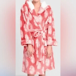 World Market faux Sherpa hooded fleece robe in coral. One size fits most.